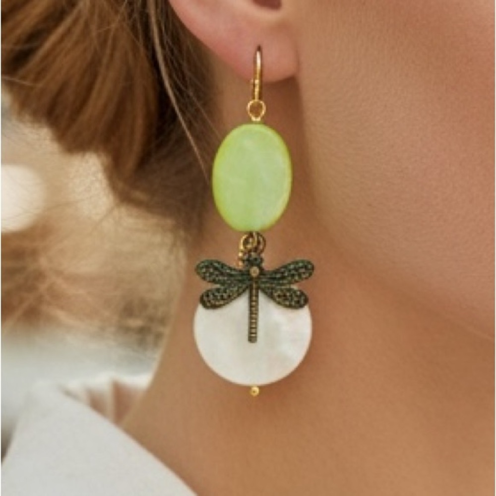 HAND CRAFTED EARRINGS with MOTHER of PEARL & VERDIGRIS DRAGONFLY CHARMS